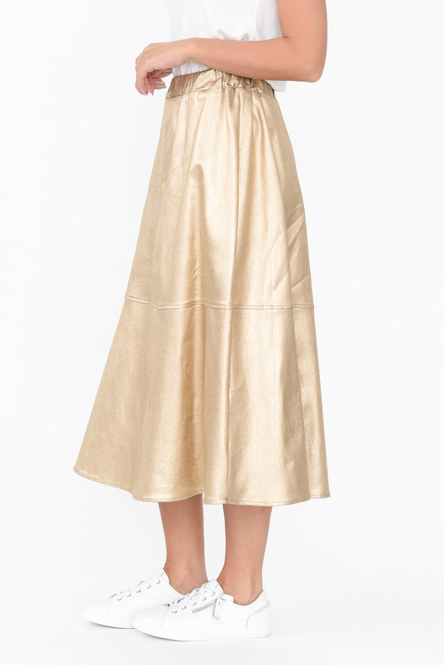 Oriel Gold Faux Leather Midi Skirt