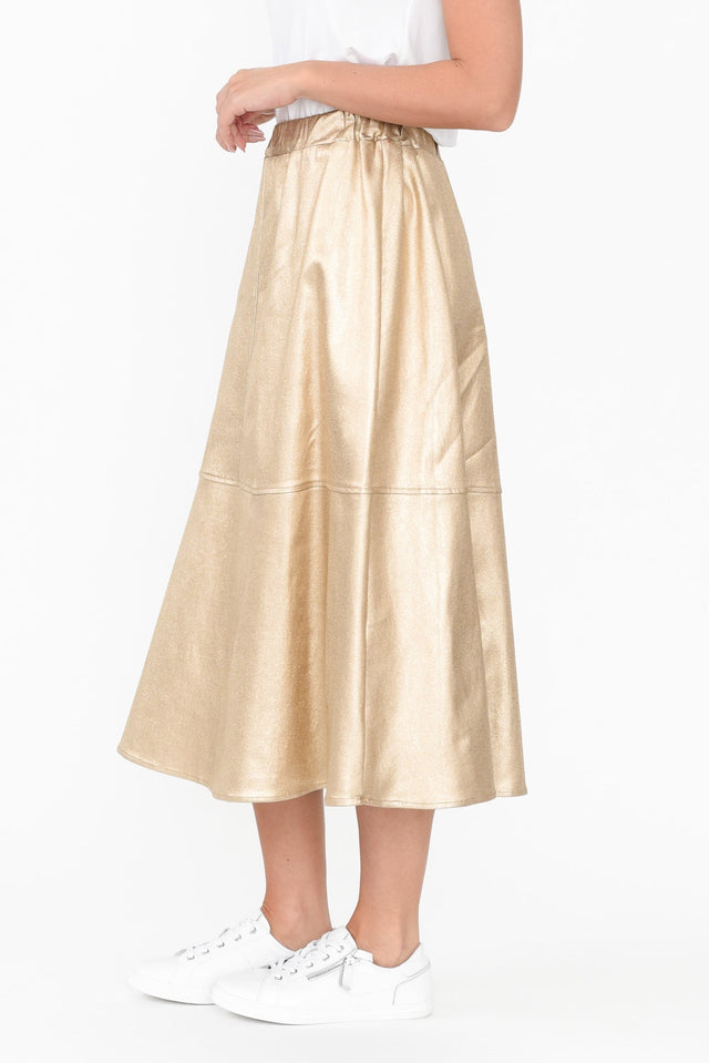 Oriel Gold Faux Leather Midi Skirt,Brunette model,alt text|model:MJ image 5