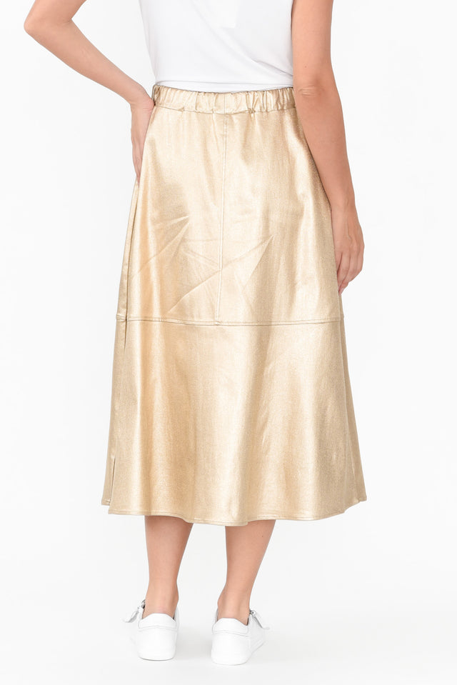 Oriel Gold Faux Leather Midi Skirt,Brunette model,alt text|model:MJ image 6