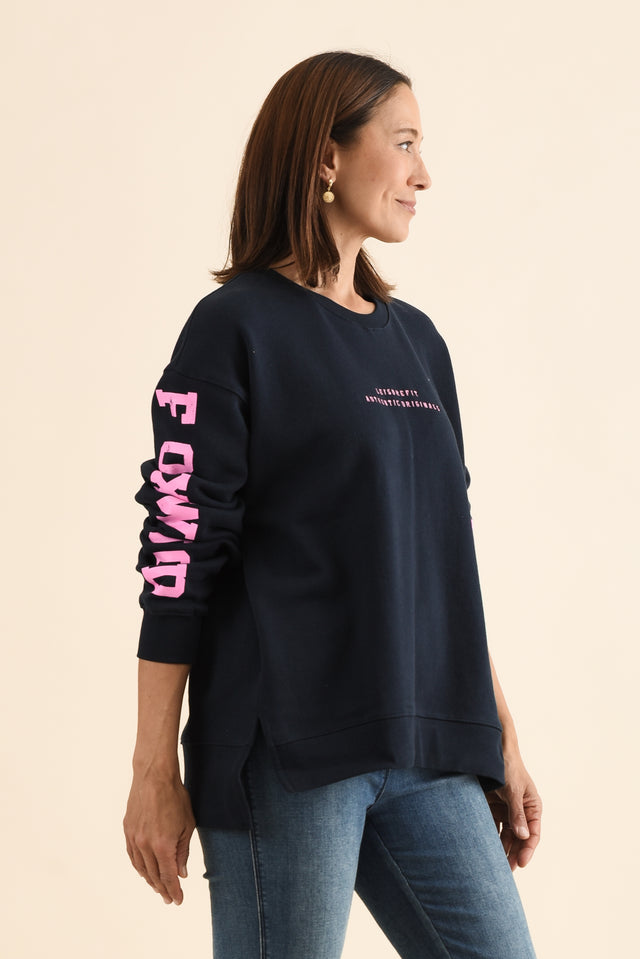 Origin Navy Cotton Crewneck Sweatshirt,Side,Brunette model,alt text|model:Cara image 3