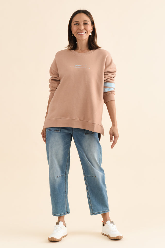 Origin Tan Cotton Crewneck Sweatshirt,Full Body,Brunette model,alt text|model:Cara image 7