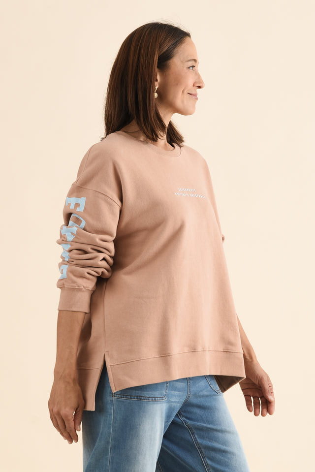 Origin Tan Cotton Crewneck Sweatshirt,Side,Brunette model,alt text|model:Cara image 4