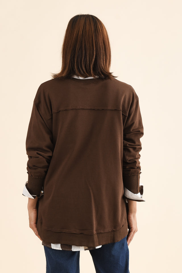Osbourne Chocolate Cotton Sweatshirt,Back,Brunette model,alt text|model:Cara image 4