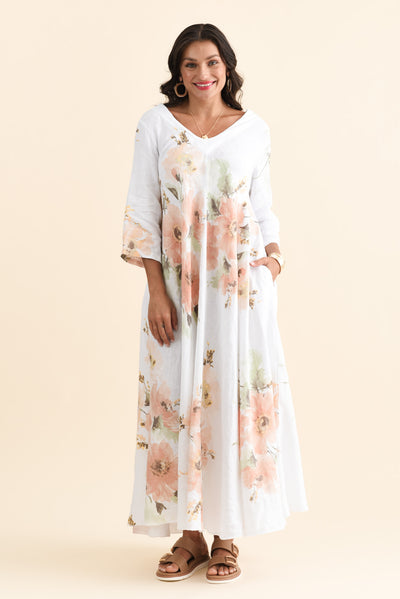 Oscar White Floral Linen Maxi Dress