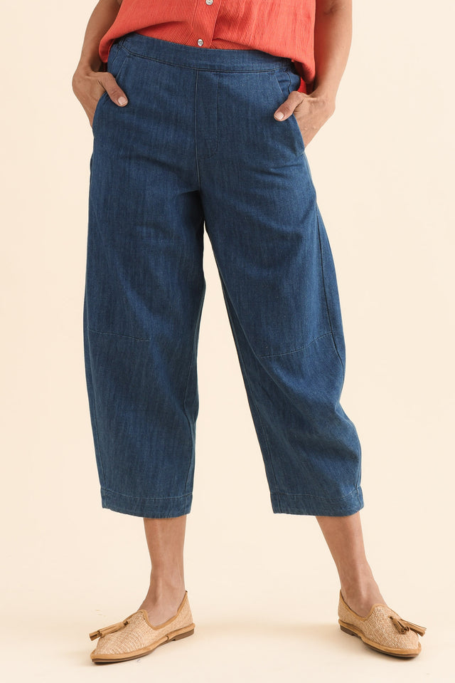Ottie Blue Cotton Barrel Pants,Front,Brunette model,alt text|model:Cara image 1