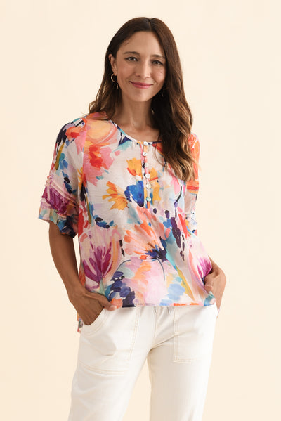 Paden Orange Floral Button Top