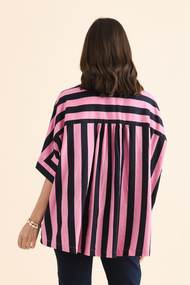 Palermo Navy Stripe Linen Blend Shirt,Back,Brunette model,alt text|model:MJ image 4