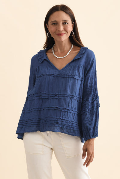 Palmer Navy Cotton Long Sleeve Top