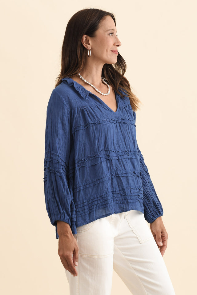 Palmer Navy Cotton Long Sleeve Top,Brunette model,alt text|model:Cara image 4
