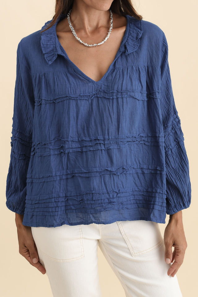 Palmer Navy Cotton Long Sleeve Top,Brunette model,alt text|model:Cara image 6