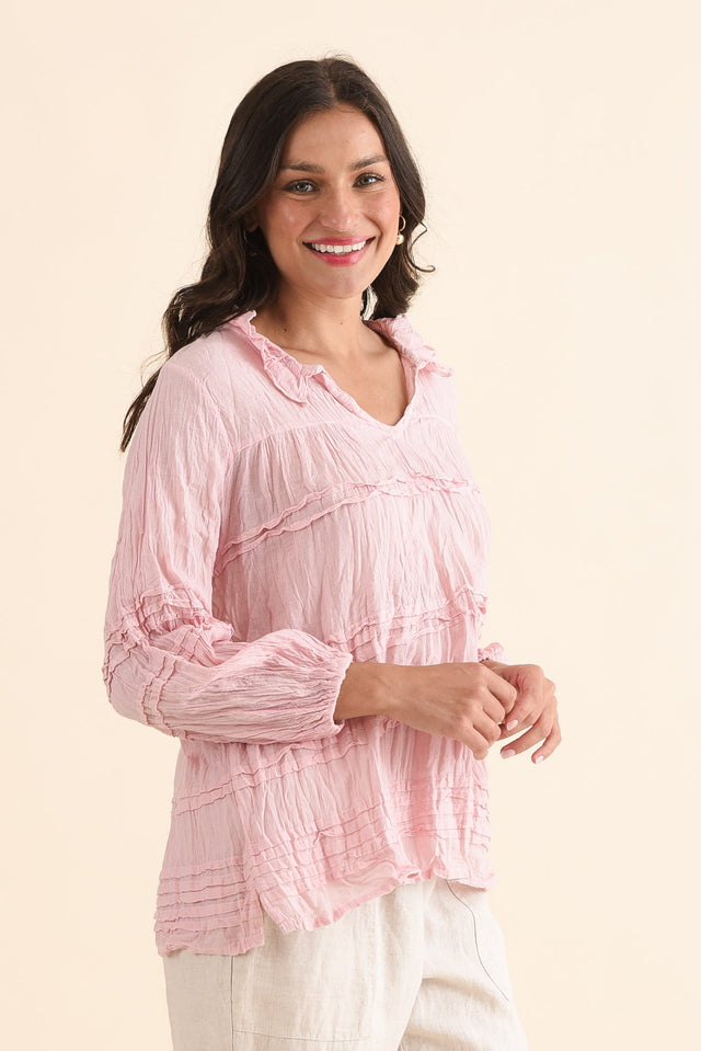 Palmer Pink Cotton Long Sleeve Top,Side,Brunette model,alt text|model:Brontie image 3