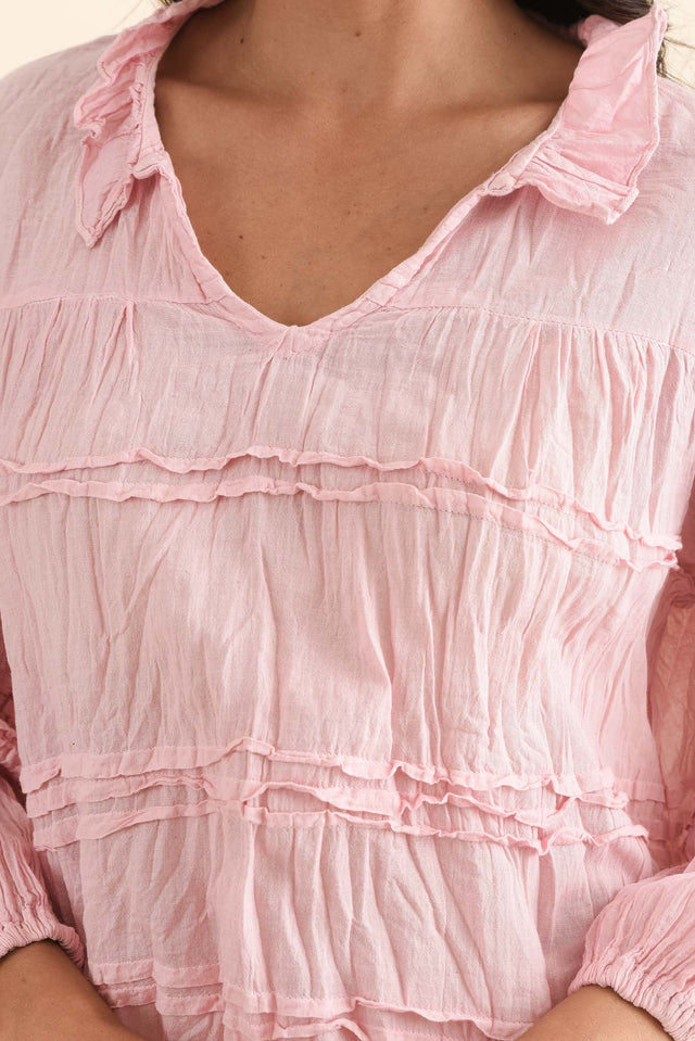 Palmer Pink Cotton Long Sleeve Top,Detail,Brunette model,alt text|model:Brontie image 5