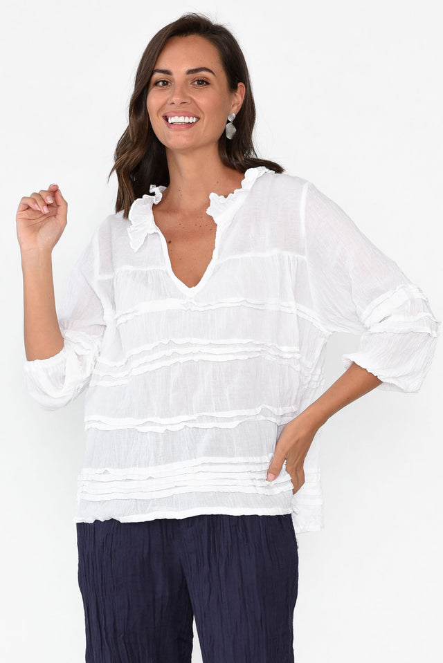 Palmer White Cotton Long Sleeve Top