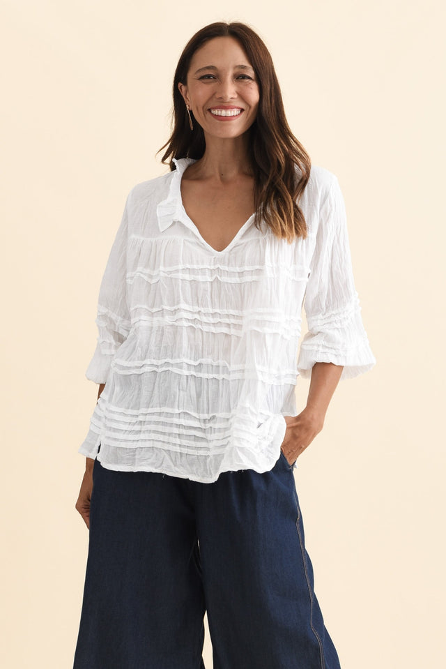 Palmer White Cotton Long Sleeve Top,Brunette model,alt text|model:Cara