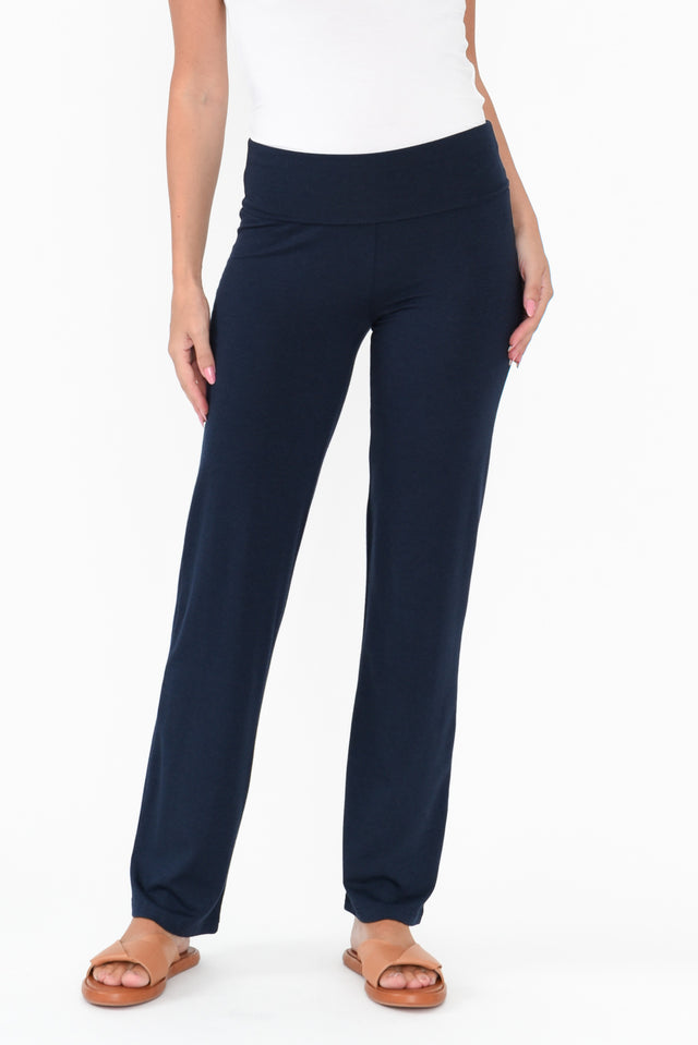 Pamela Dark Navy Bamboo Pants length_Full rise_High print_Plain colour_Navy PANTS alt text|model:MJ