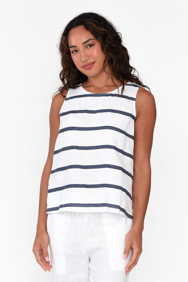 Paolina Blue Stripe Linen Tank neckline_Round
