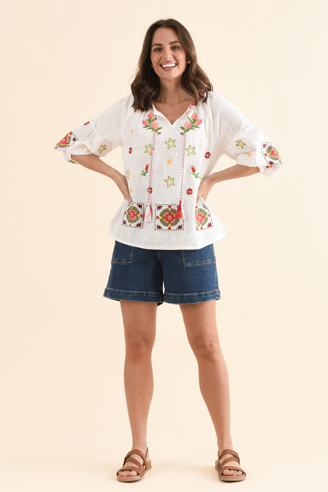 Paradiso Cream Beach Cotton Tassel Top,Full Body,Brunette model,alt text|model:MJ