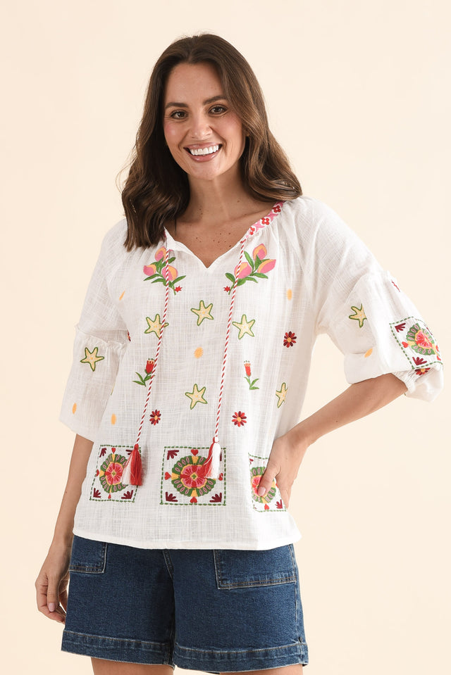Paradiso Cream Beach Cotton Tassel Top,Front,Brunette model,alt text|model:MJ