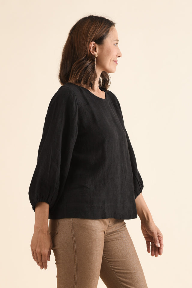Pattison Black Linen Puff Sleeve Top,Side,Brunette model,alt text|model:Cara image 3