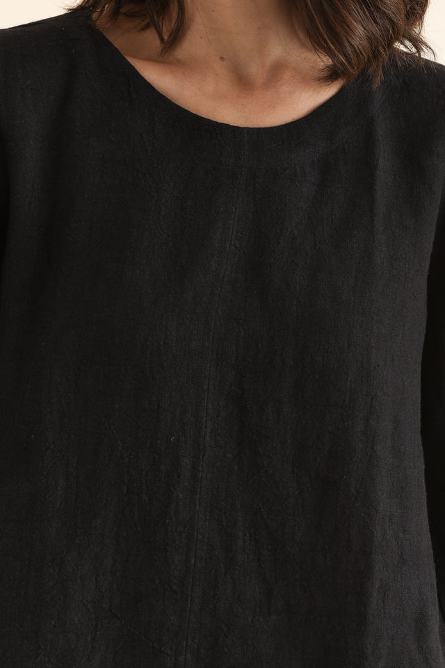 Pattison Black Linen Puff Sleeve Top,Detail,Brunette model,alt text|model:Cara image 5