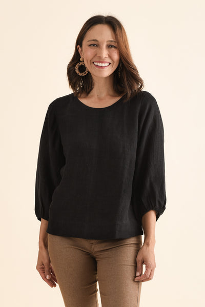 Pattison Black Linen Puff Sleeve Top