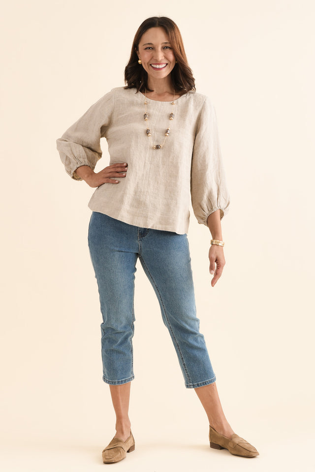 Pattison Natural Linen Puff Sleeve Top,Full Body,Brunette model,alt text|model:Cara