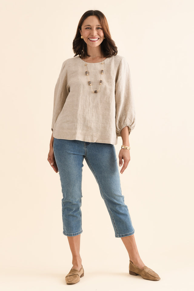 Pattison Natural Linen Puff Sleeve Top,Full Body,Brunette model,alt text|model:Cara image 6