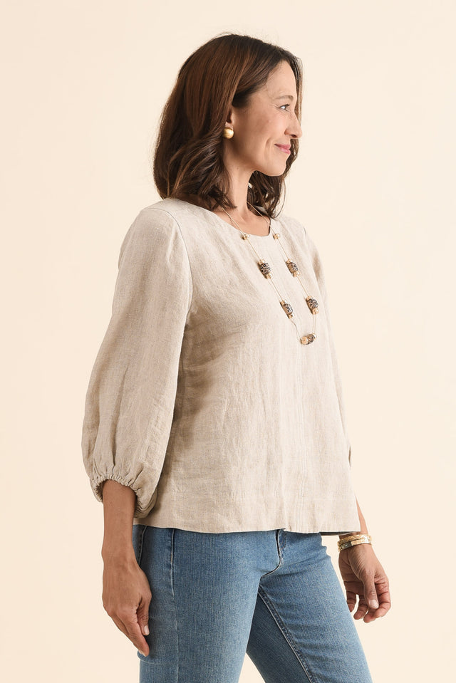 Pattison Natural Linen Puff Sleeve Top,Side,Brunette model,alt text|model:Cara image 3