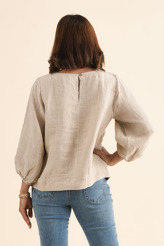 Pattison Natural Linen Puff Sleeve Top,Back,Brunette model,alt text|model:Cara image 4