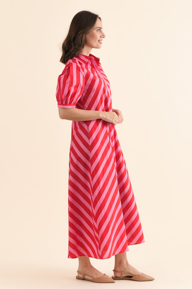Patty Red Stripe Cotton Shirt Dress,Side,Brunette model,alt text|model:MJ image 3