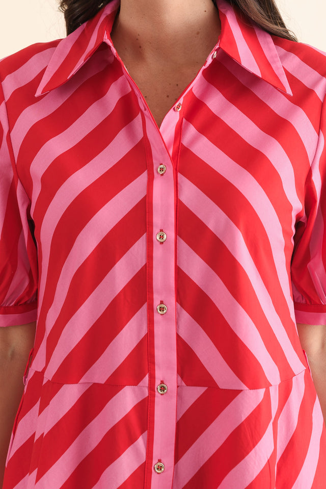 Patty Red Stripe Cotton Shirt Dress,Detail,Brunette model,alt text|model:MJ image 5
