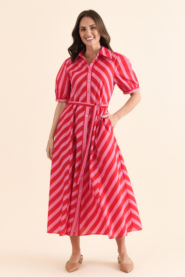 Patty Red Stripe Cotton Shirt Dress,Full Body,Brunette model,alt text|model:MJ image 2