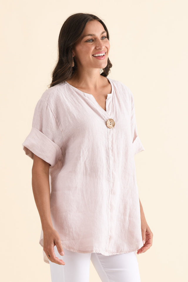 Payton Blush Linen Button Top,Side,Brunette model,alt text|model:Brontie image 3