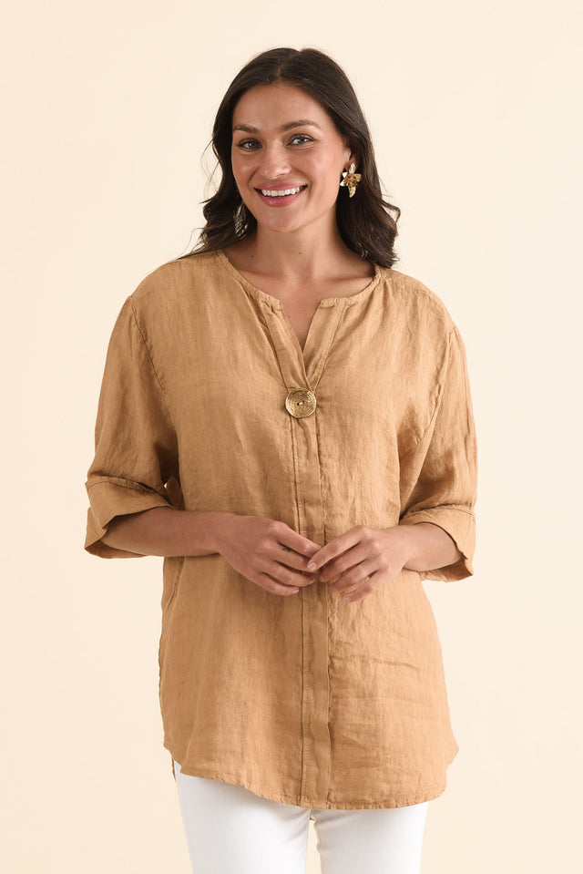 Payton Camel Linen Button Top,Front,Brunette model,alt text|model:Brontie image 1