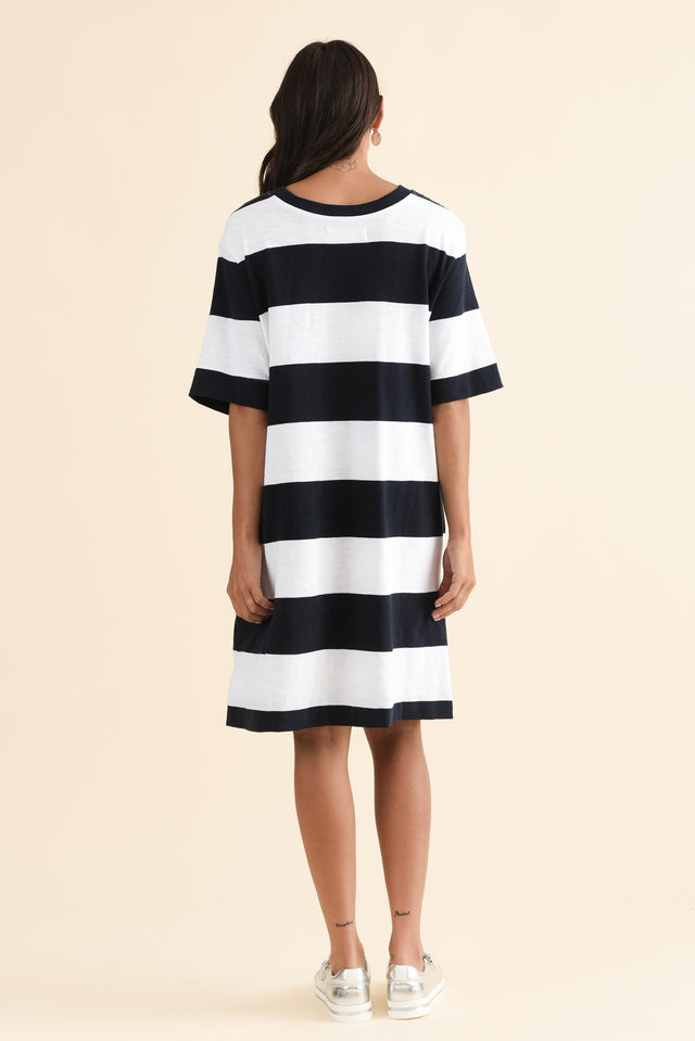 Pebble Navy Stripe Cotton T-Shirt Dress,Back,Brunette model,alt text|model:Brontie image 4