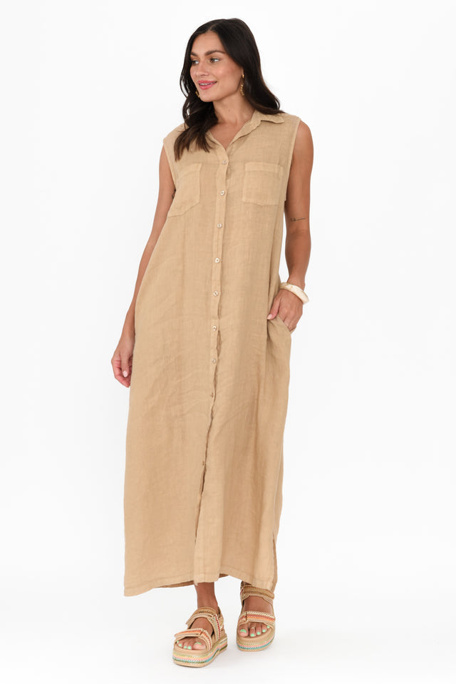 Perla Mocha Linen Button Dress,Brunette model,alt text|model:Brontie