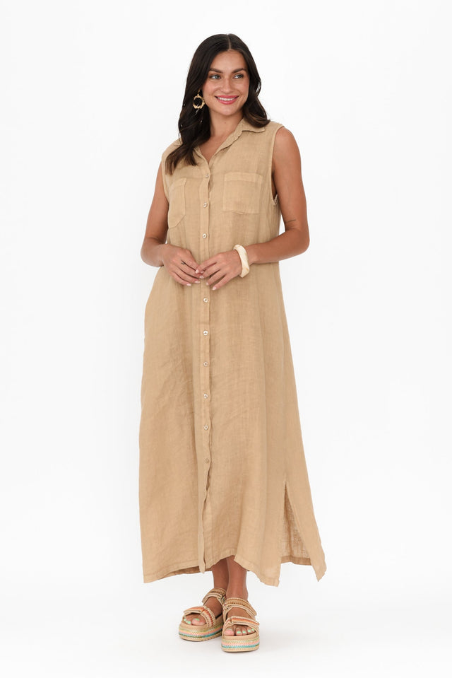 Perla Mocha Linen Button Dress,Brunette model,alt text|model:Brontie image 7