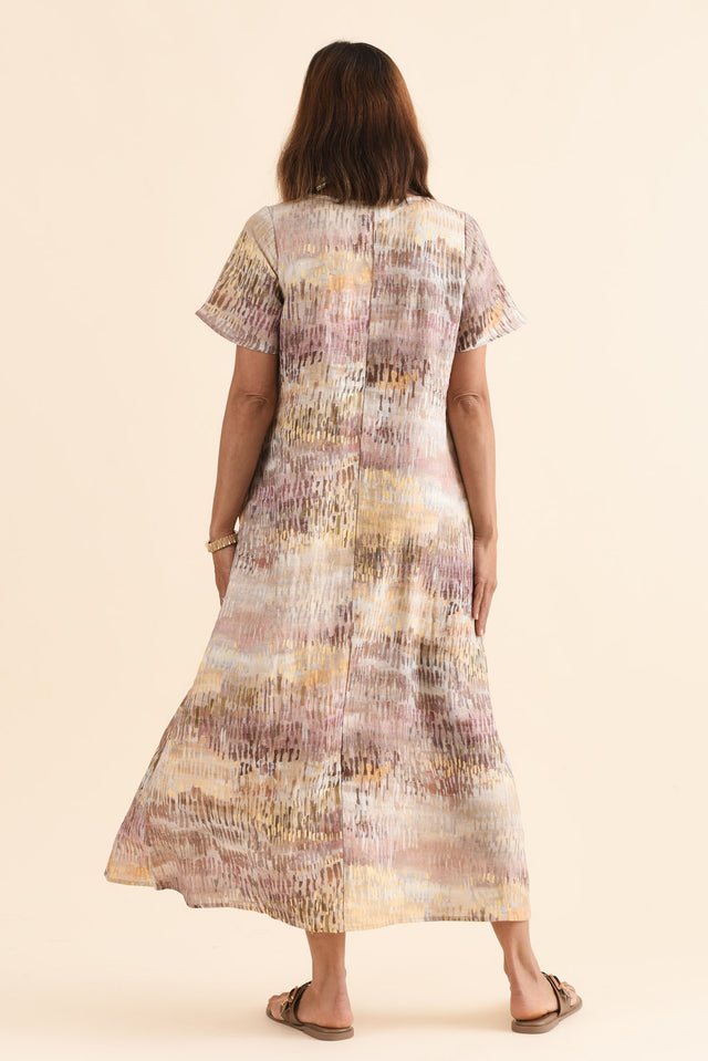 Perlina Yellow Abstract Linen Dress,Back,Brunette model,alt text|model:Cara image 4