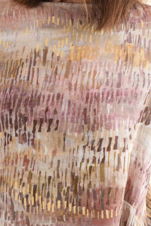 Perlina Yellow Abstract Linen Dress,Detail,Brunette model,alt text|model:Cara image 5