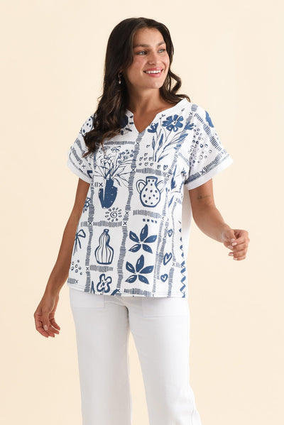 Perrie Blue Tile V Neck Top