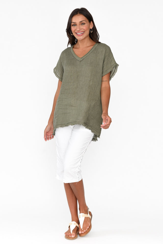 Petula Khaki Linen Blend Frayed Top