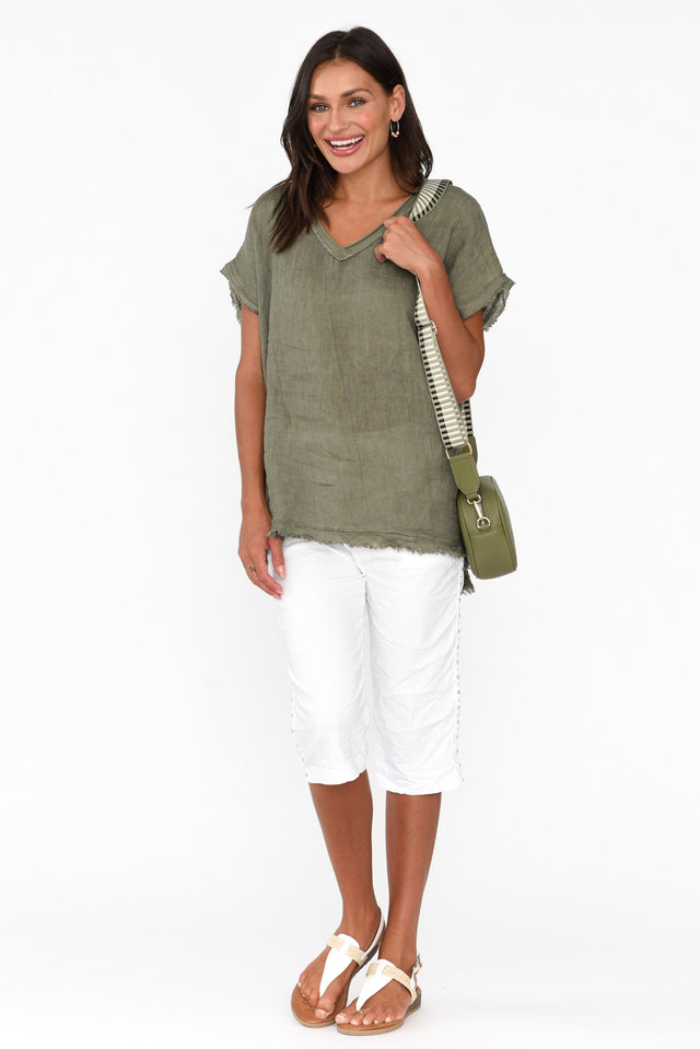 Petula Khaki Linen Blend Frayed Top