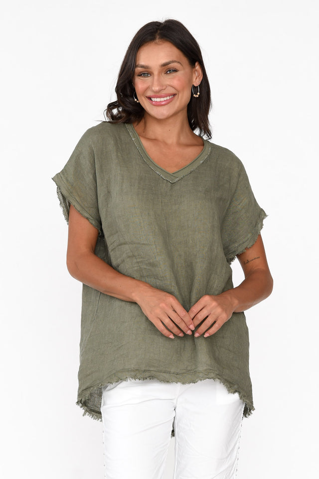Petula Khaki Linen Blend Frayed Top neckline_V Neck