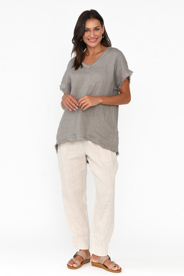 Petula Taupe Linen Blend Frayed Top