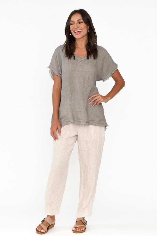 Petula Taupe Linen Blend Frayed Top