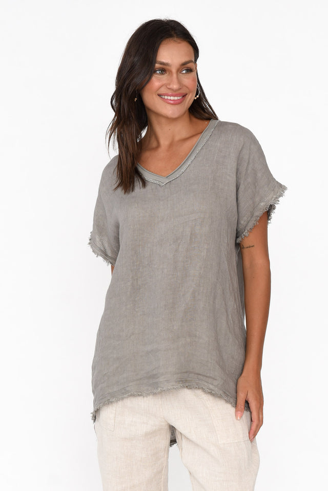 Petula Taupe Linen Blend Frayed Top neckline_V Neck
