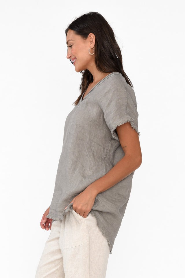 Petula Taupe Linen Blend Frayed Top