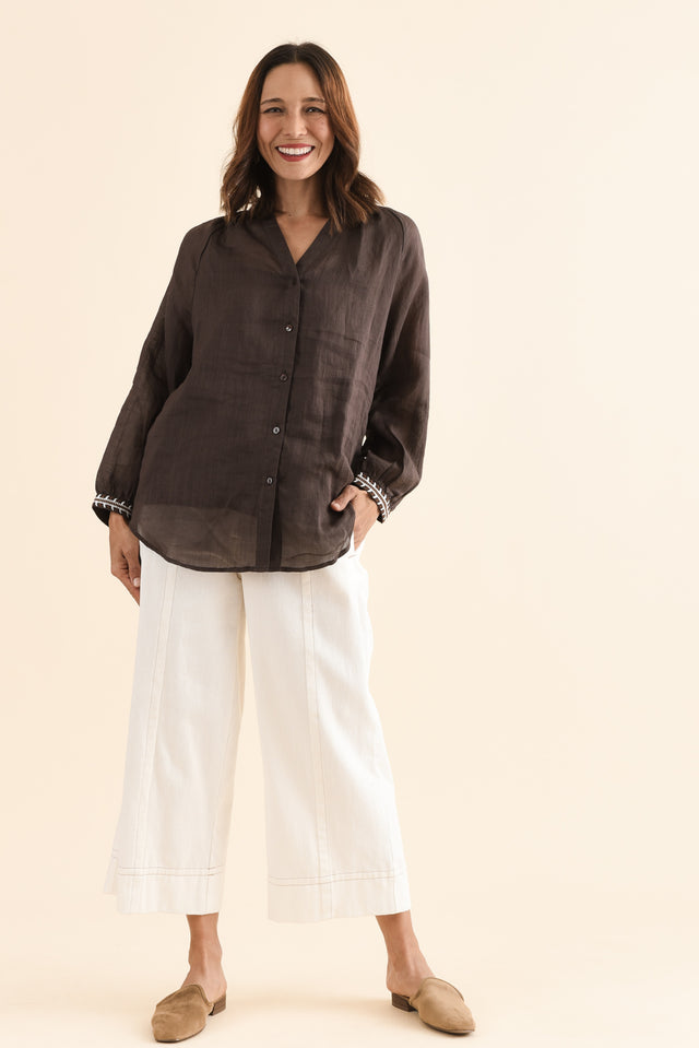 Pixie Chocolate Cotton Embroidered Blouse,Full Body,Brunette model,alt text|model:Cara image 6