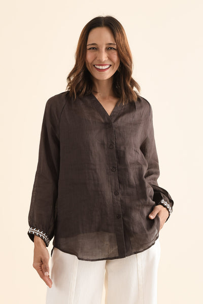 Pixie Chocolate Cotton Embroidered Blouse