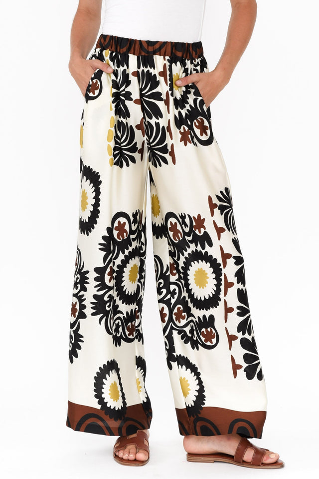 Plato Cream Abstract Wide Leg Pants,Brunette model,alt text|model:Johanna